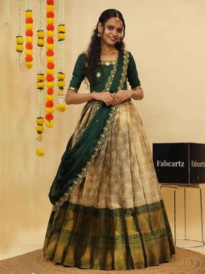 Fabcartz Embroidered
                        Zari Work Semi-Stitched Lehenga With Unstitched
                        Blouse & Dupatta