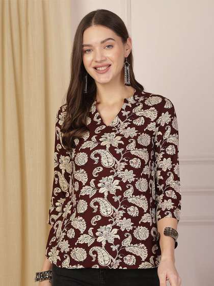 Anouk Rustic Floral Print Mandarin Collar Top