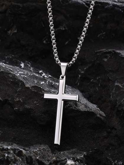 Peora Men Silver-Plated
                    Stainless Steel Cross Pendant with Chain