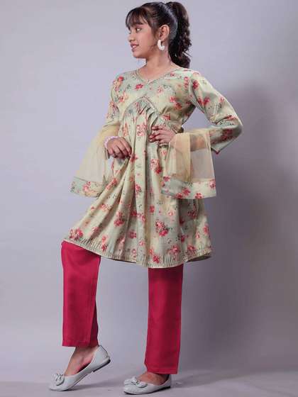 Aarya Designer Girls
                    Floral Printed Tissue Anarkali Kurta With Trousers
                    & Dupatta