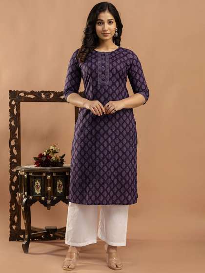 Nayo Floral
                          Printed Round Neck Pure Cotton Straight Kurta