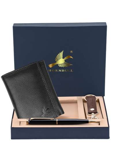 Hornbull Men Trifold
                    Black Leather Wallet, Keyring & Pen Combo
                    Accessory Gift Set