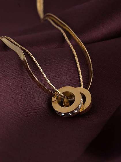 PALMONAS 18K Gold-Plated Stainless Steel CZ Studded Gilded Rings Layered Pendant Chain