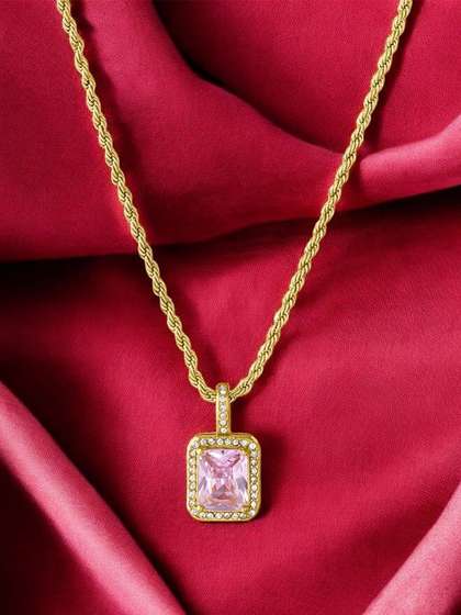 PALMONAS 18K
                          Gold-Plated Emerald & Cubic Zirconia
                          Studded Geometric Pendant With Chain