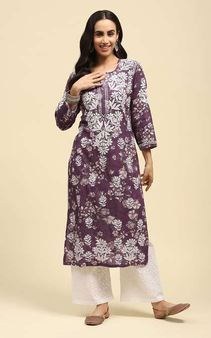 House of Chikankari Women Purple Mulmul Chikankari Embroidered Kurta