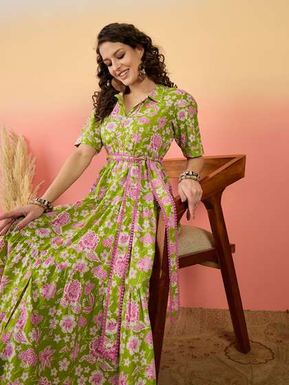 Sangria Floral
                        Printed Pure Cotton Tiered Maxi Dress