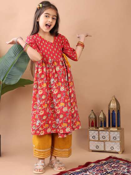 Here&Now X Kinder
                    Kids Girls Floral Printed Angrakha Gotta Patti Pure
                    Cotton Kurti with Palazzos