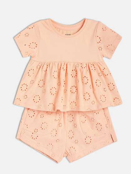 MINI KLUB Girls Self
                        Design Round Neck Pure Cotton Top With Shorts