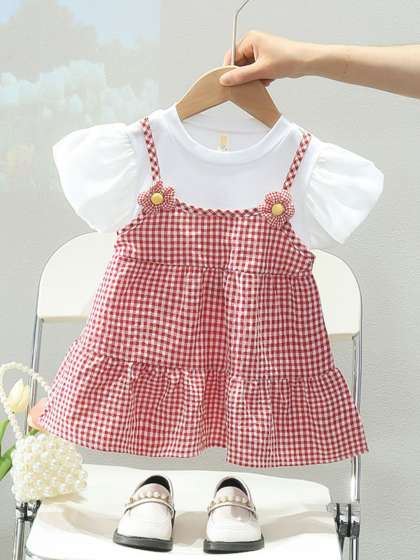 YK Girls Cotton Checked Pinafore Dress