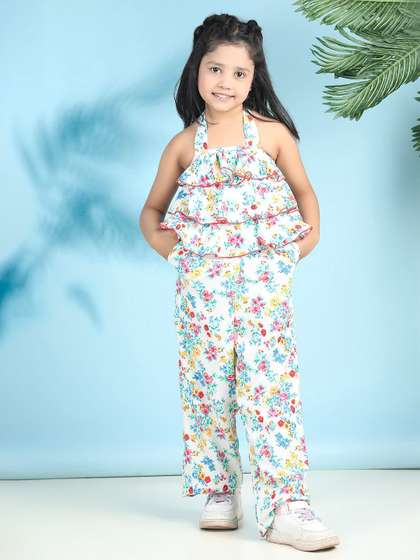 Cutiekins Girls Halter
                    Neck Printed Basic Jumpsuit with Ruffles
