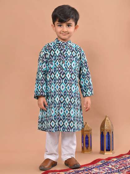 Sangria Blue Boys Ethnic
                    Motifs Printed Mandarin Collar Pure Cotton Kurta
                    With Pyjamas