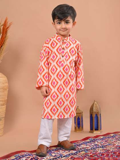 Sangria Red Boys Ethnic
                    Motifs Printed Mandarin Collar Pure Cotton Kurta
                    With Pyjamas