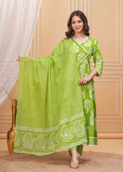 PARTHVI Printed Beaded Angrakha Pure Cotton Anarkali Kurta With Trouser & Dupatta