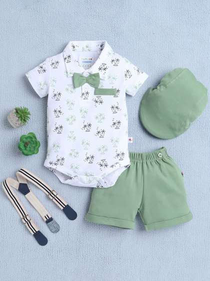 BUMZEE Infants Boys
                    Printed Pure Cotton Bodysuit With Shorts And Bow
                    Suspender & Cap