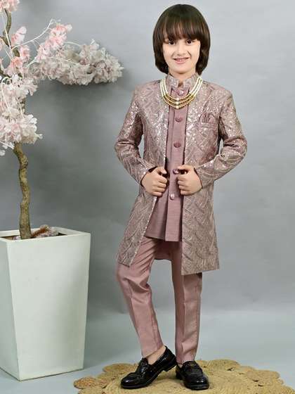 ahhaaaa Boys Sequin
                        Embroidered Mandarin Collar Sherwani Set