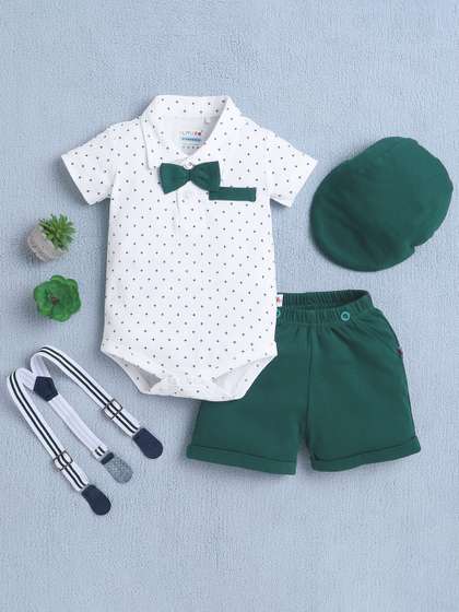BUMZEE Boys Geometrical
                    Printed Half Sleeves Bodysuit Shorts With Bow
                    Suspender And Cap