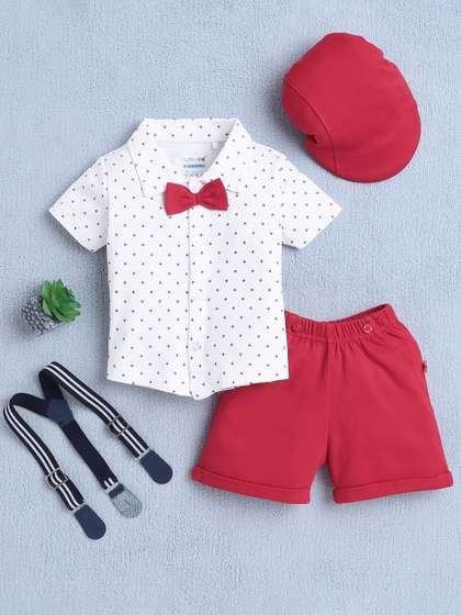 BUMZEE Boys
                      Geometrical Printed Half Sleeves Shirt Shorts With
                      Bow Suspender And Cap