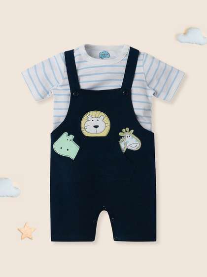 Nauti Nati Infants Kids
                    Animal Embroidery Pure Cotton Dungaree With Striped
                    T-shirt