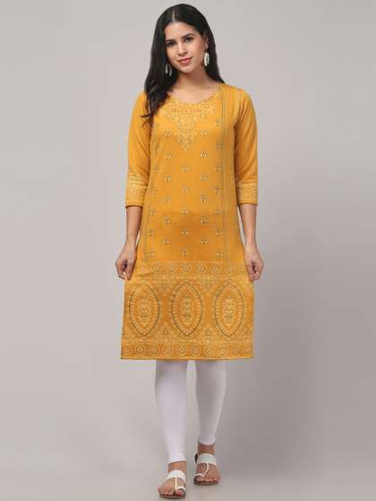 FAMBEE Floral Woven Design Round Neck Woollen Straight Kurta