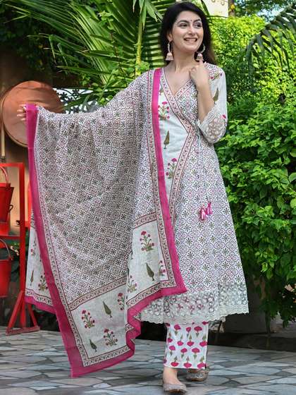 DSS FASHION Women
                          Floral Printed Anarkali Angrakha Knee Length
                          Pure Cotton Kurta Set