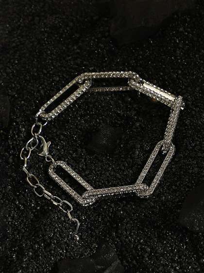 French Accent Men
                    Silver-Plated Artificial Stones Studded Long-Link
                    Chain Bracelet