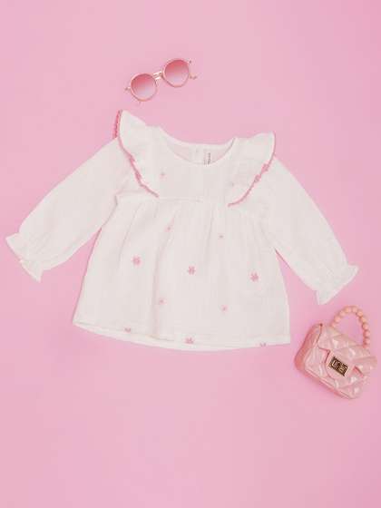 Pantaloons Baby Girls
                    Floral Embroidered Ruffles Cotton Top