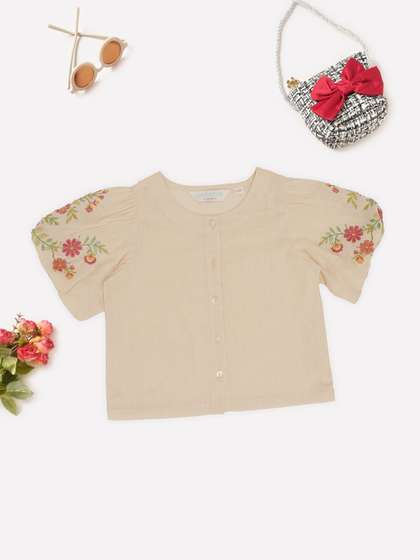 AKKRITI BY PANTALOONS
                    Girls Floral Embroidered Puff Sleeve Cotton Top