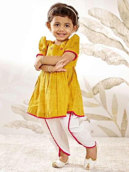 VASTRAMAY Girls Floral
                    Embroidered Regular Thread Work Pure Cotton Kurta
                    with Dhoti Pants