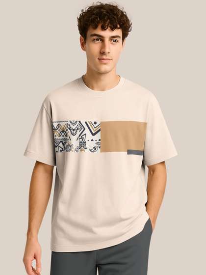 BULLMER Men Abstract
                        Printed Round Neck Oversized T-shirt