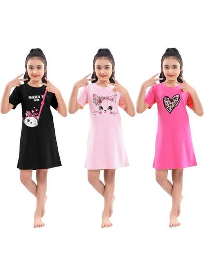 KEESOR Girls pack of 3
                    Printed Multi Cotton T-shirt Dresses