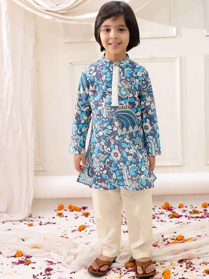 KID1 Boys Ethnic Motifs
                    Printed Mandarin Collar Straight Pure Cotton Kurta
                    With Pyjamas