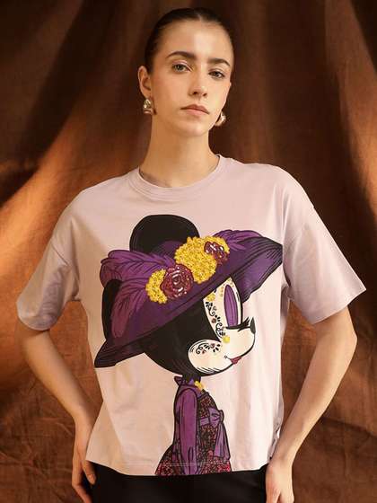 Kazo Women Minnie
                        Mouse Printed Drop-Shoulder Sleeves T-shirt