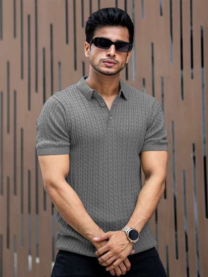 Maniac Men Self
                        Design Polo Collar Cotton Slim Fit T-shirt