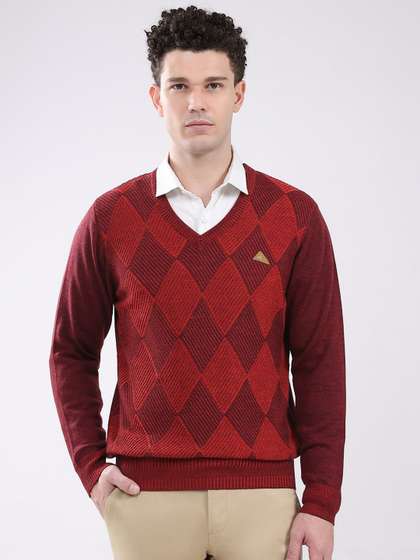 Monte Carlo Men
                        Geometric Self Design V Neck Full Sleeve
                        Pullover Sweater