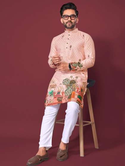 LADY BERRY Men
                        Floral Printed Sequinned Shadow Work Kurta