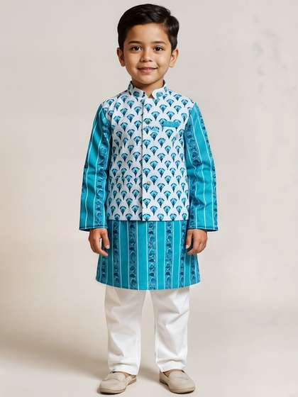 Sangria Boys Ethnic
                    Motifs Printed Cotton Kurta with Pyjama And Nehru
                    jacket