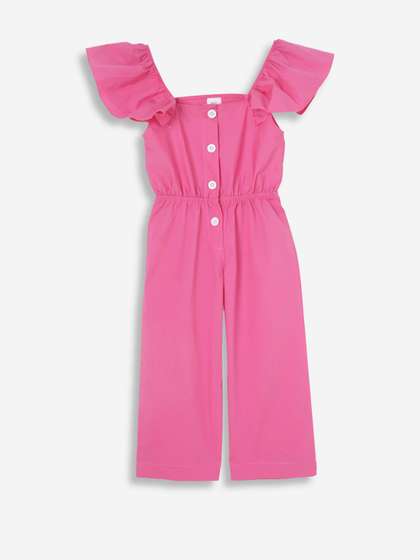 Kico Girls Ruffle
                      Shoulder Buttoned Cotton Jumpsuit