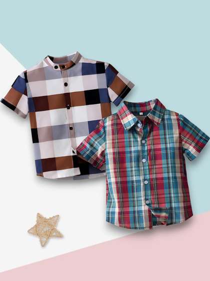 Boys Shirt Checkered,
                    Printed Casual Short Sleeve Shirts Pack of 2