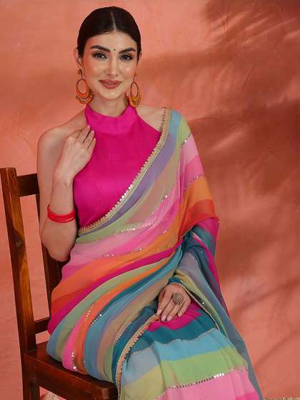 Sangria Striped With
                        Embellished Saree With Unstitched Blouse