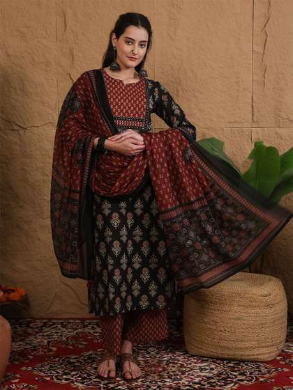 Sangria Women Ethnic
                        Motifs Printed Sequinned Pure Cotton Kurta Set
                        With Dupatta