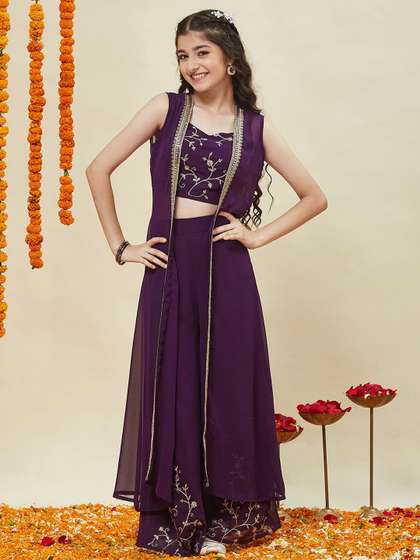 CurlyTales Girls
                        Embroidered Georgette Top With Shrug &
                        Palazzo
