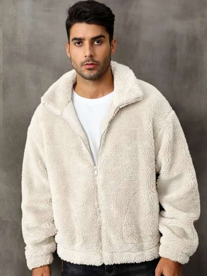 Be Savage Men Stand
                        Collar Solid Lightweight Sherpa Jacket