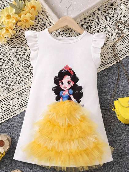 YK Girls Disney Princess
                    Graphic Printed Flutter Sleeves Layered A-Line
                    Dress