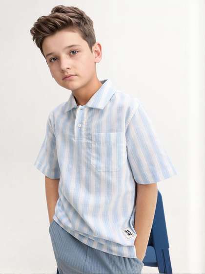 RARE ONES Boys Vertical
                    Striped Spread Collar Cotton Casual Shirt