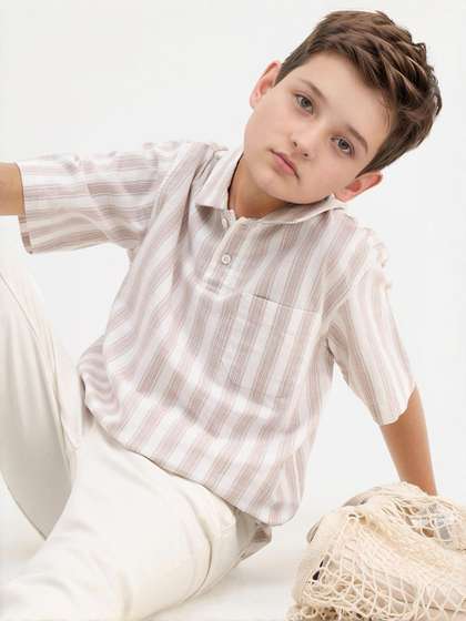 RARE ONES Boys Vertical
                    Striped Spread Collar Cotton Casual Shirt