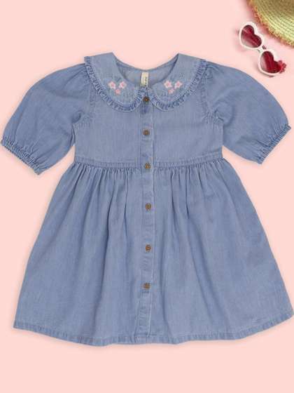 Pantaloons Baby Girls
                    Peter Pan Collar Floral Embroidered Puff Sleeve
                    Cotton Shirt Dress