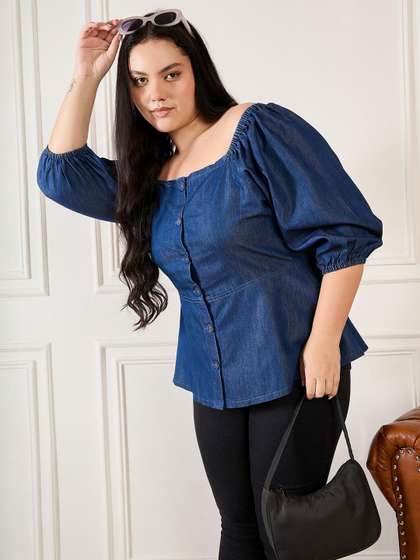 Sztori Denim Puff
                        Sleeve Peplum Top