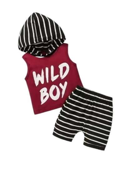 CUTEVIBE Kids Maroon
                    & Black Striped T-shirt with Shorts