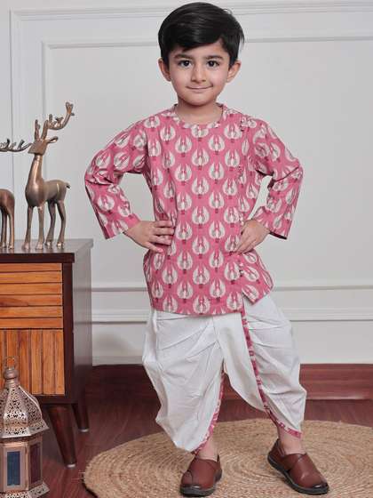 Polka Tots Boys Ethnic
                    Motifs Printed Angrakha Pure Cotton Straight Kurta
                    with Dhoti Pants