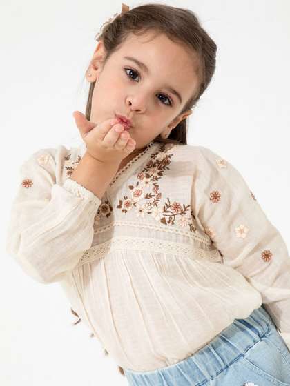 Cherry Crumble Girls
                    Floral Embroidered Puff Sleeve Cotton Empire Top